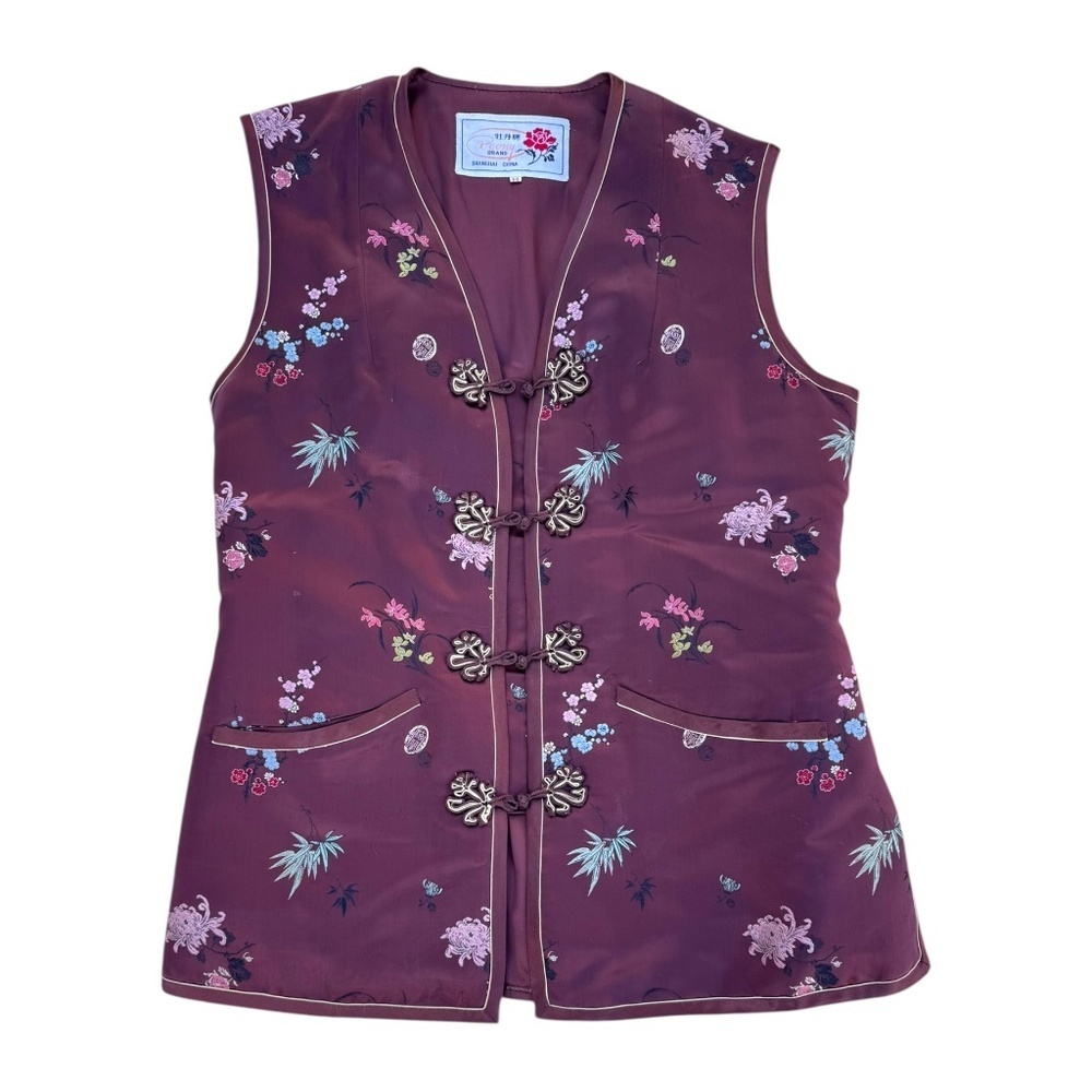 Vintage Embroidered Chinese Faux Silk Vest Medium